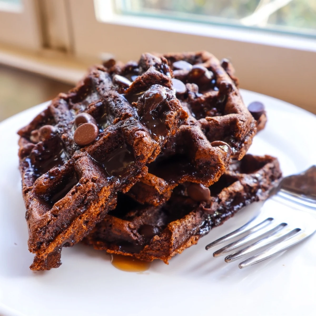 Rich fudgy brownie waffles dusted with powdered sugar and served with fresh berries
