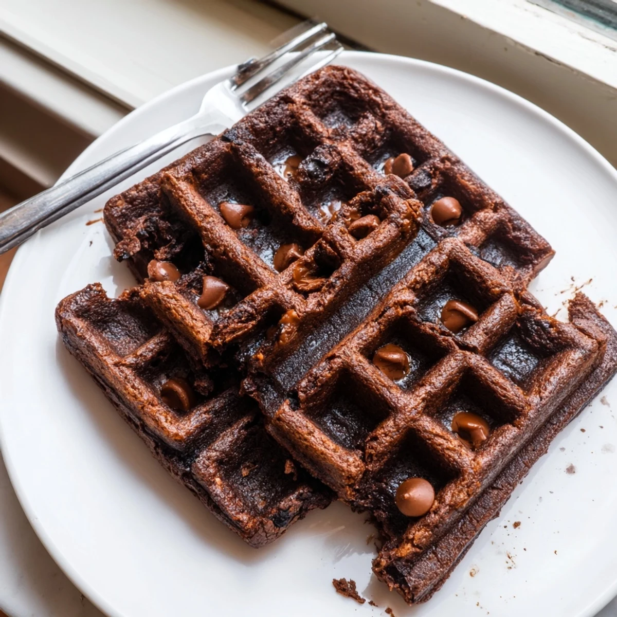 Thick chocolate brownie waffles fresh off the iron topped with whipped cream