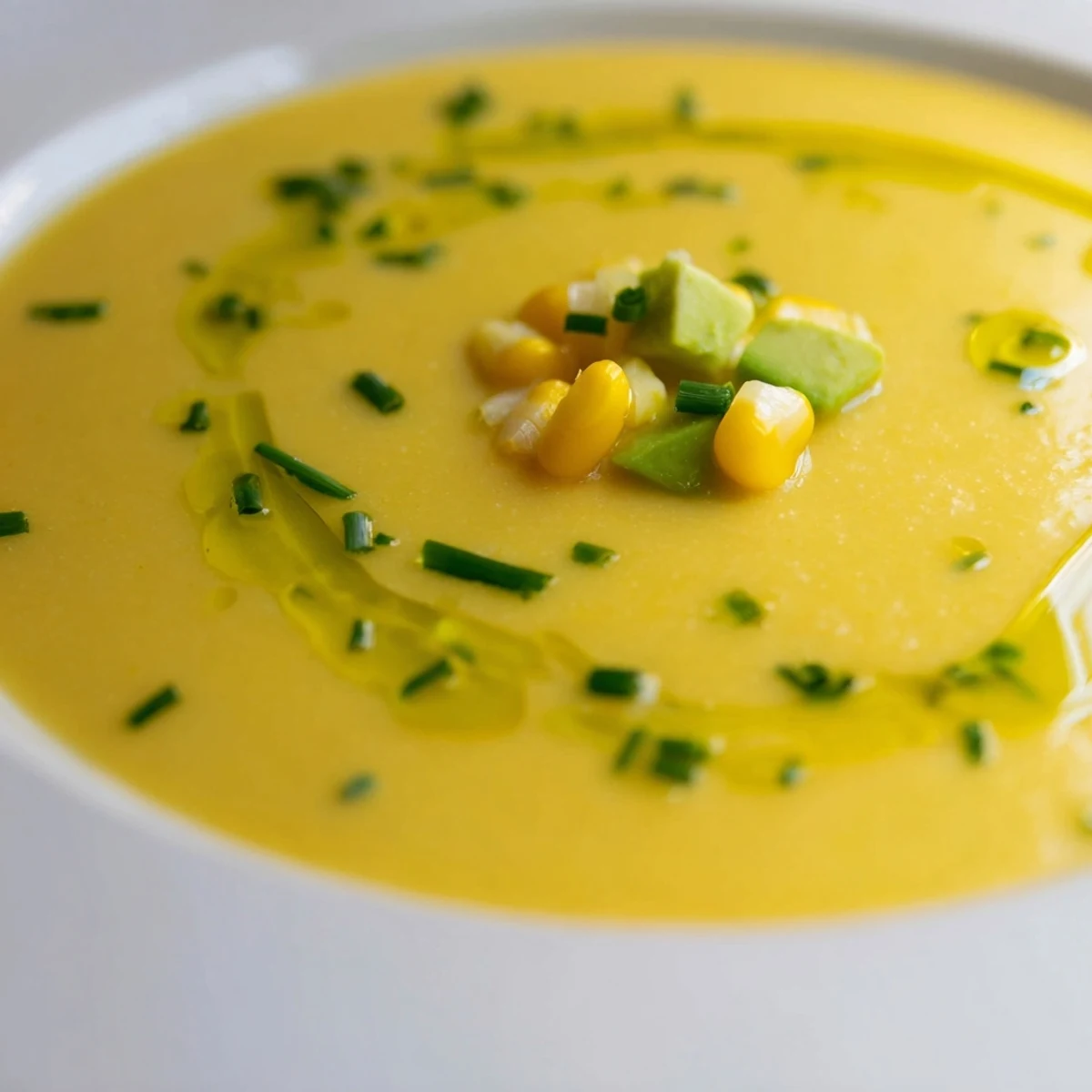 Golden summer sweet corn gazpacho served chilled in a rustic bowl with fresh herb garnish