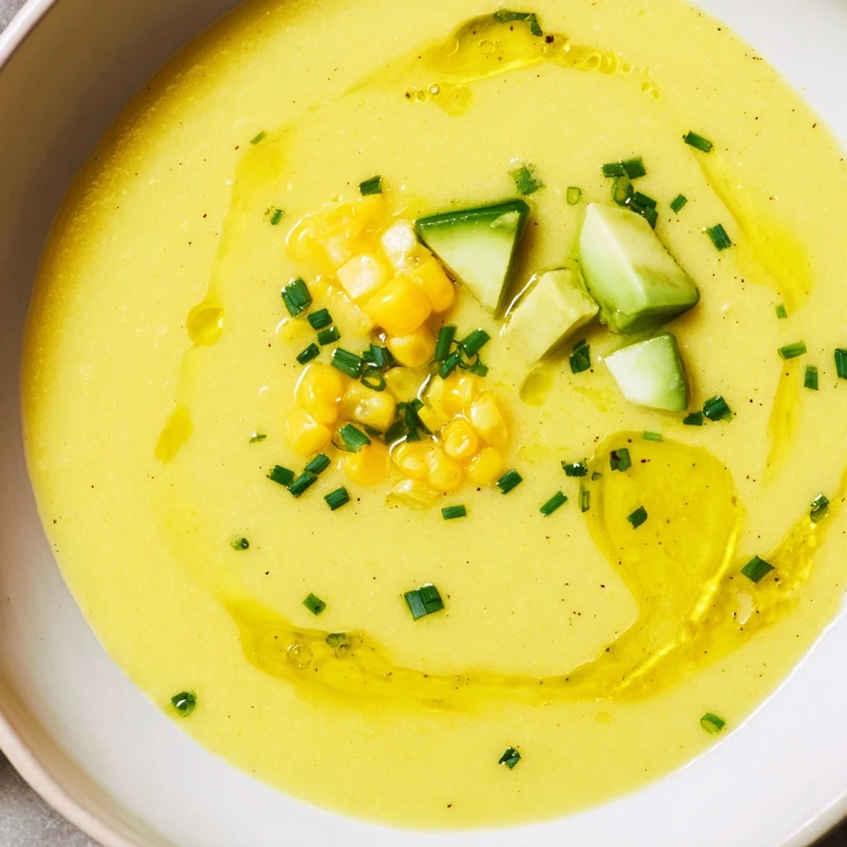 Vibrant summer sweet corn gazpacho topped with diced avocado and a drizzle of olive oil