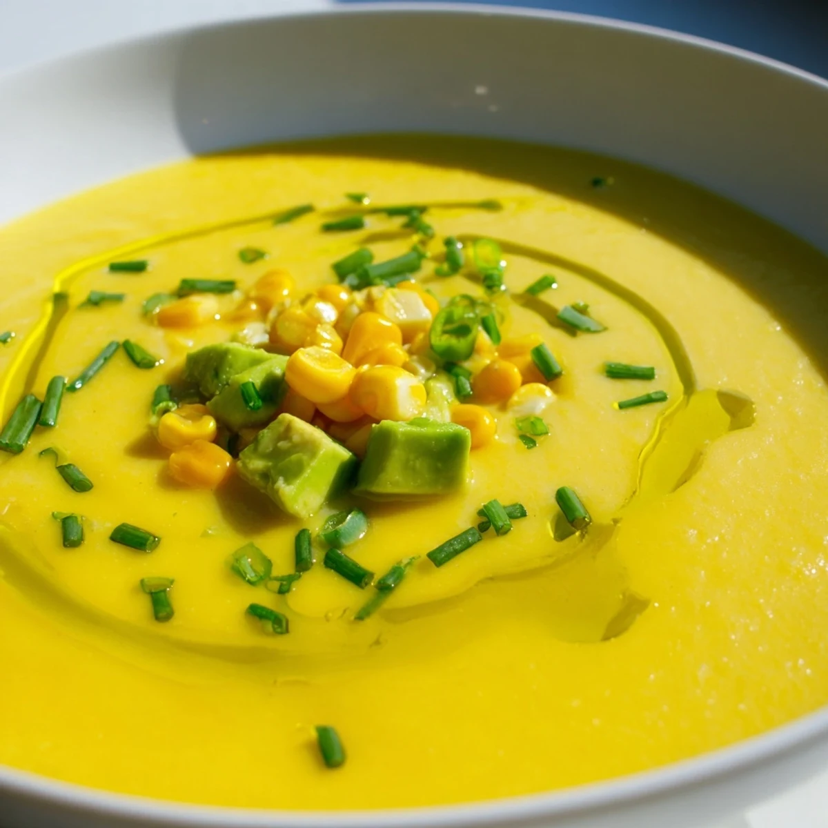 Creamy summer sweet corn gazpacho poured into shallow bowls alongside crusty bread for dipping