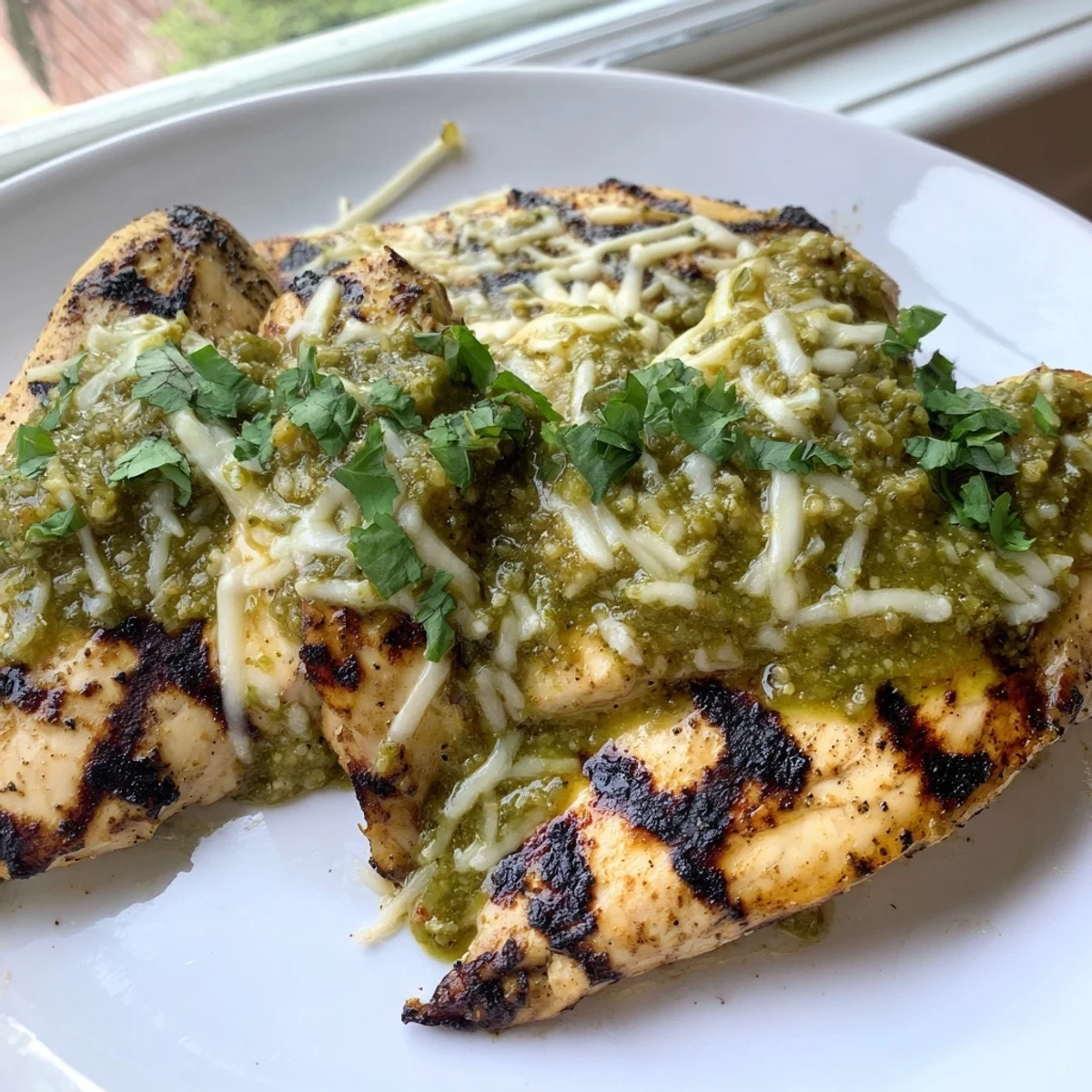 Juicy grilled salsa verde pepper jack chicken topped with bubbling melted cheese and fresh cilantro