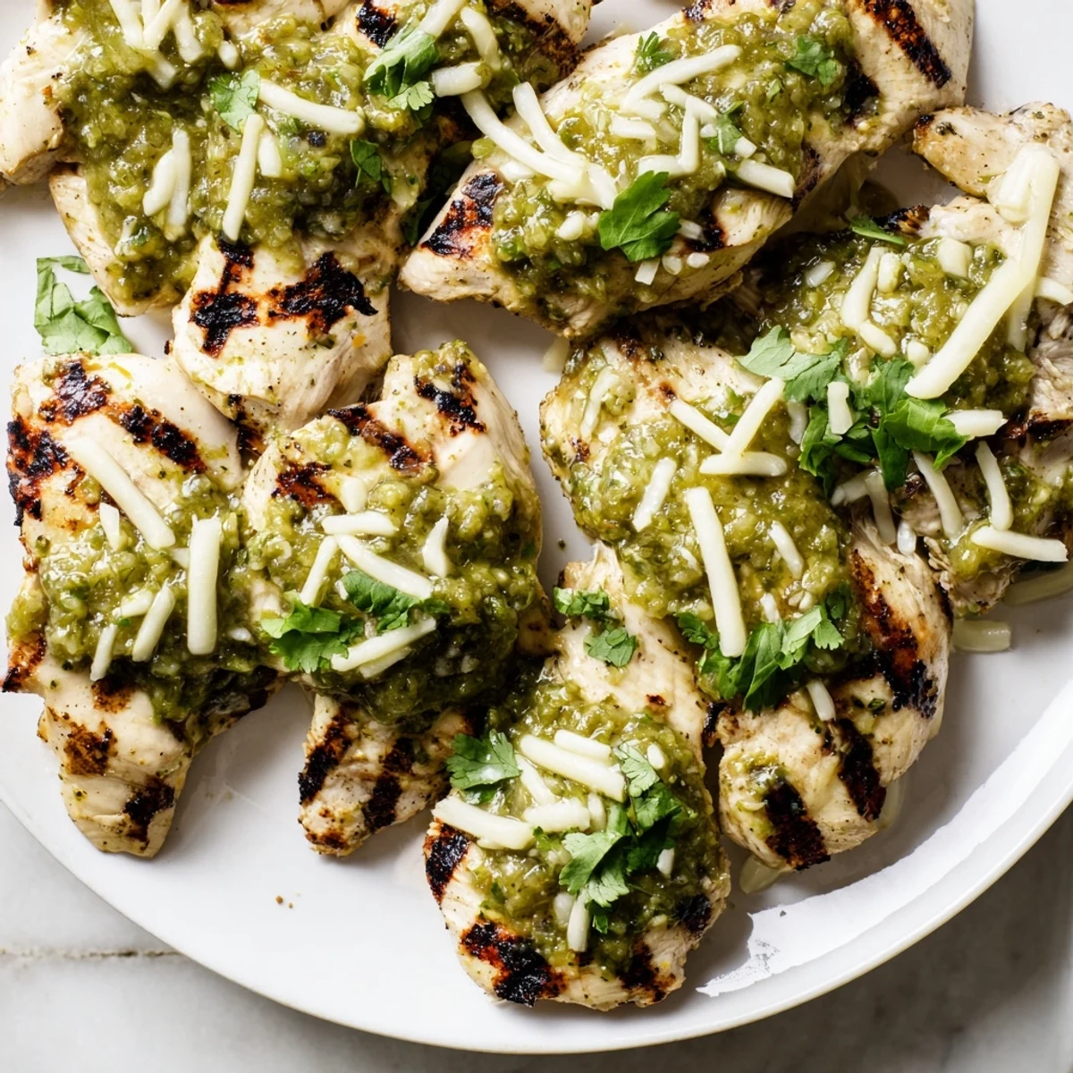 Golden grilled salsa verde pepper jack chicken glistening with tangy green sauce on a platter