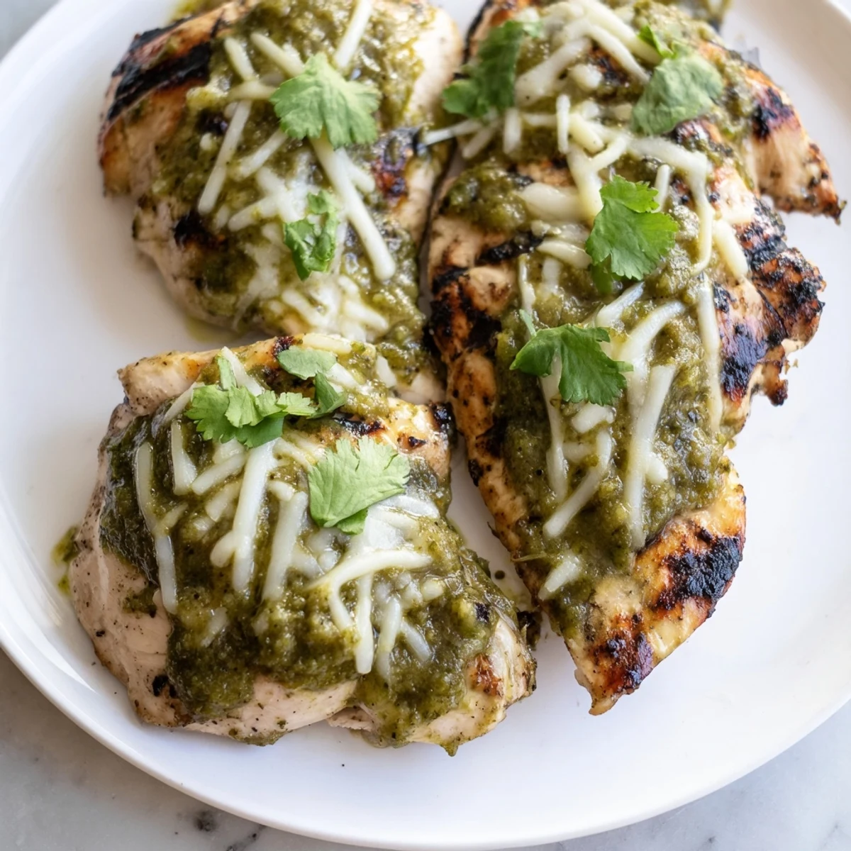 Smoky salsa verde pepper jack chicken with stretchy melted cheese and bright lime wedges alongside