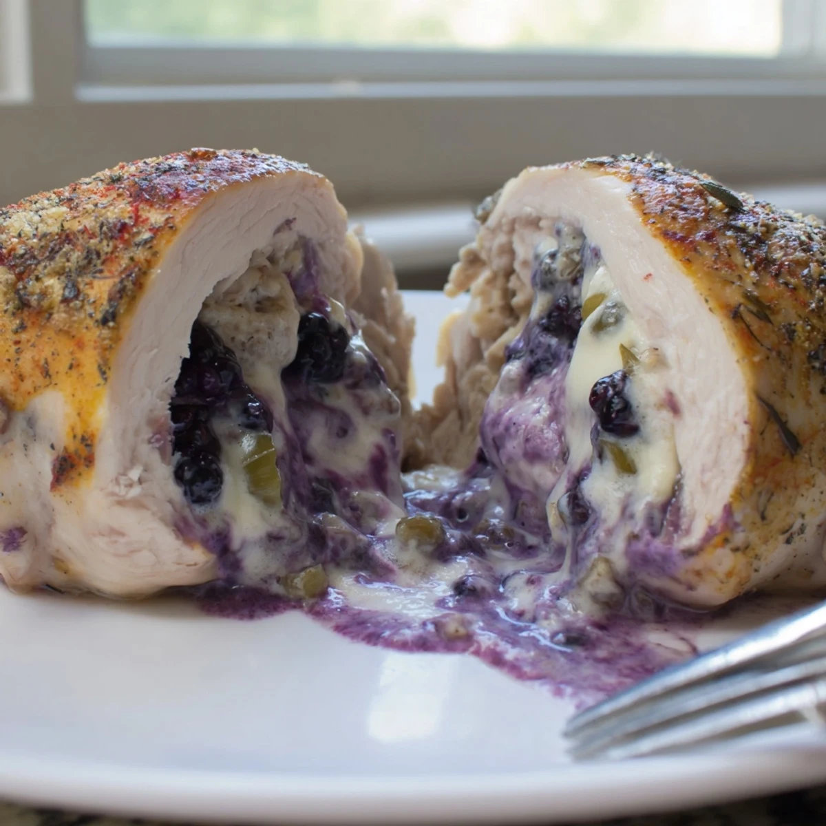 Melty Blackberry Jalapeno Stuffed Chicken with creamy purple-black berry filling oozing from golden seared breast