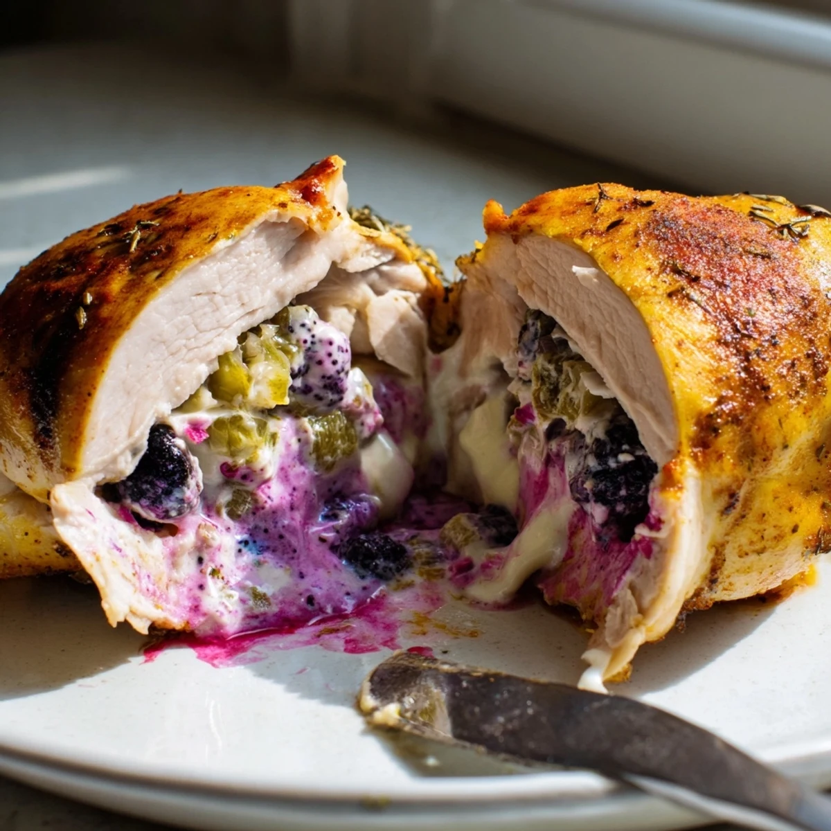 Juicy sliced Melty Blackberry Jalapeno Stuffed Chicken revealing bubbling cream cheese and berry filling on plate
