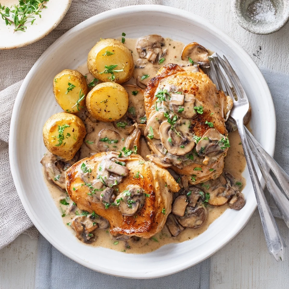 Creamy mushroom chicken with golden seared breasts smothered in a rich, savory sauce