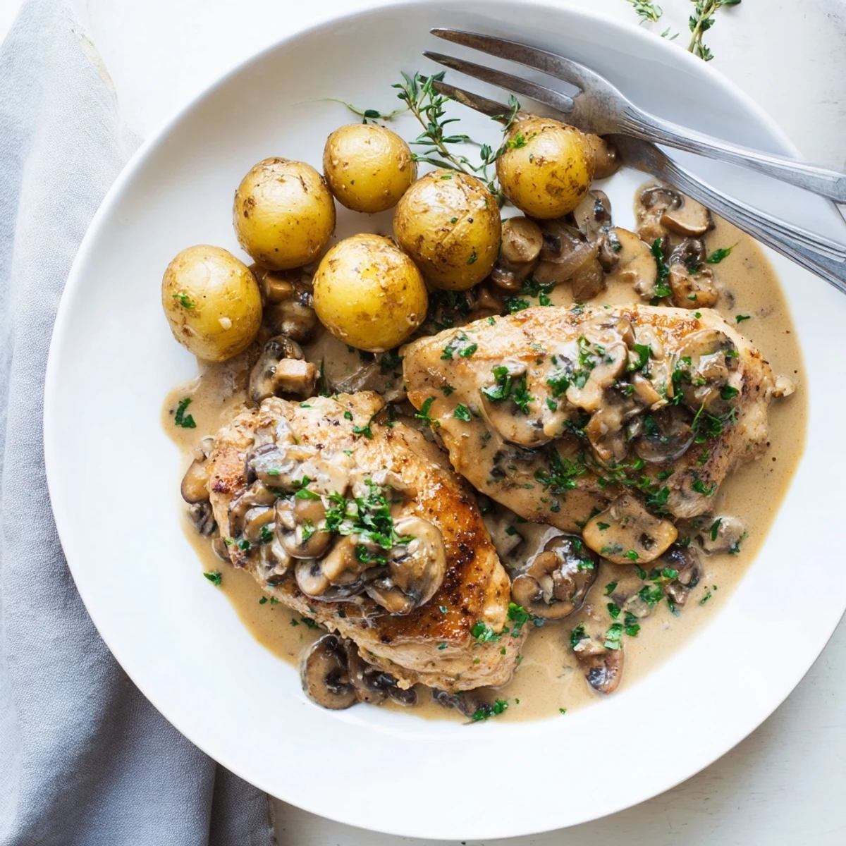 Tender creamy mushroom chicken nestled in a velvety garlic herb sauce with crispy roasted potatoes