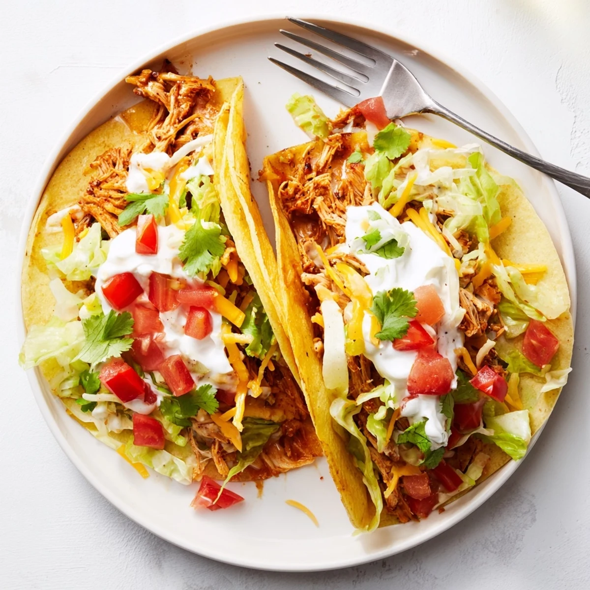 Juicy Slow Cooker Ranch Chicken Tacos topped with melted cheddar and fresh cilantro