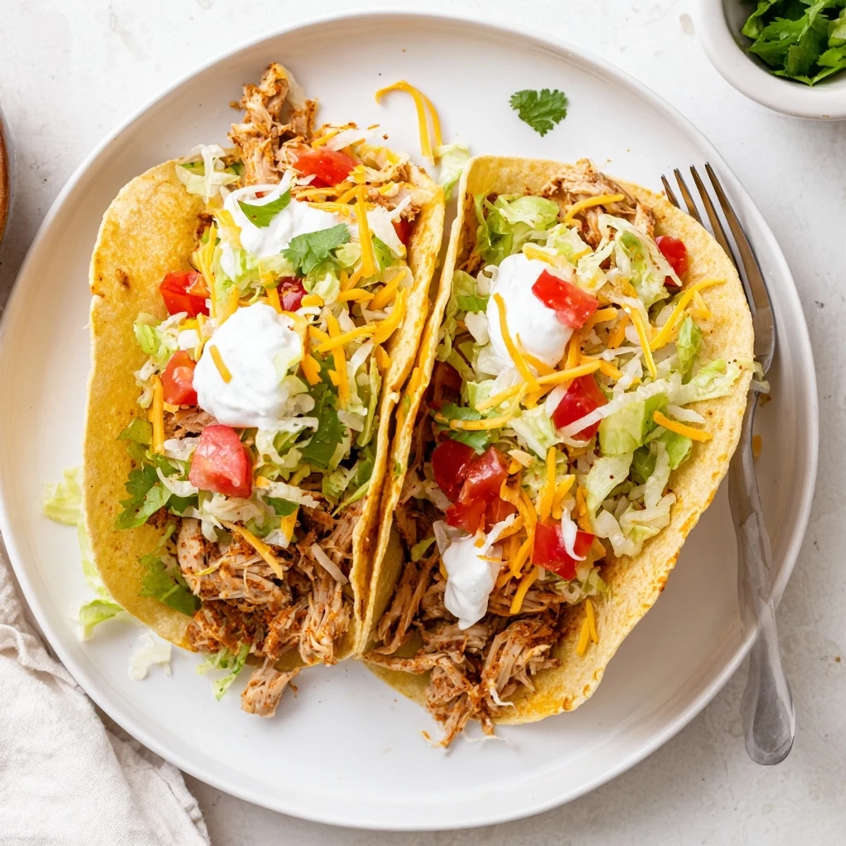 Slow Cooker Ranch Chicken Tacos in warm tortillas with sour cream and crisp lettuce