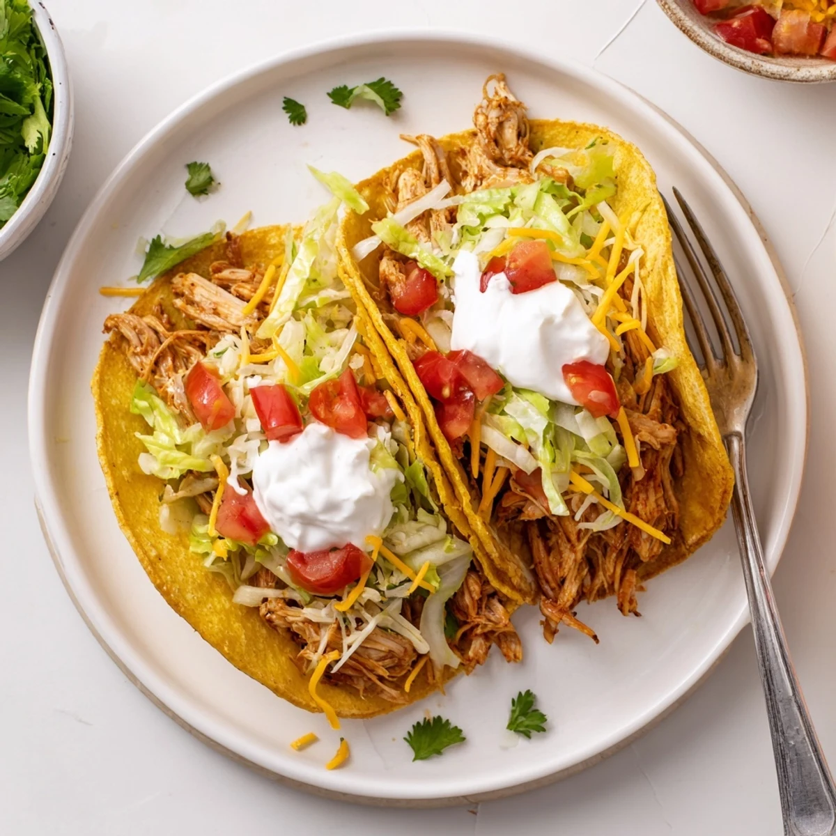 Hearty Slow Cooker Ranch Chicken Tacos overflowing with tender shredded chicken and vibrant toppings