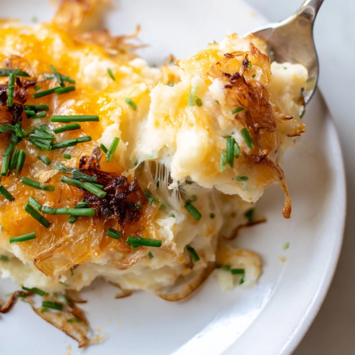 Golden bubbly Cheesy Onion Mashed Potato Casserole fresh from the oven with melted cheddar on top