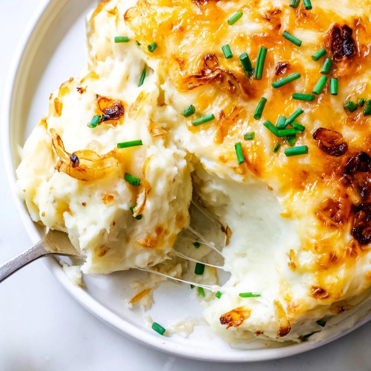 Creamy spoonful of Cheesy Onion Mashed Potato Casserole topped with caramelized onions and fresh chives