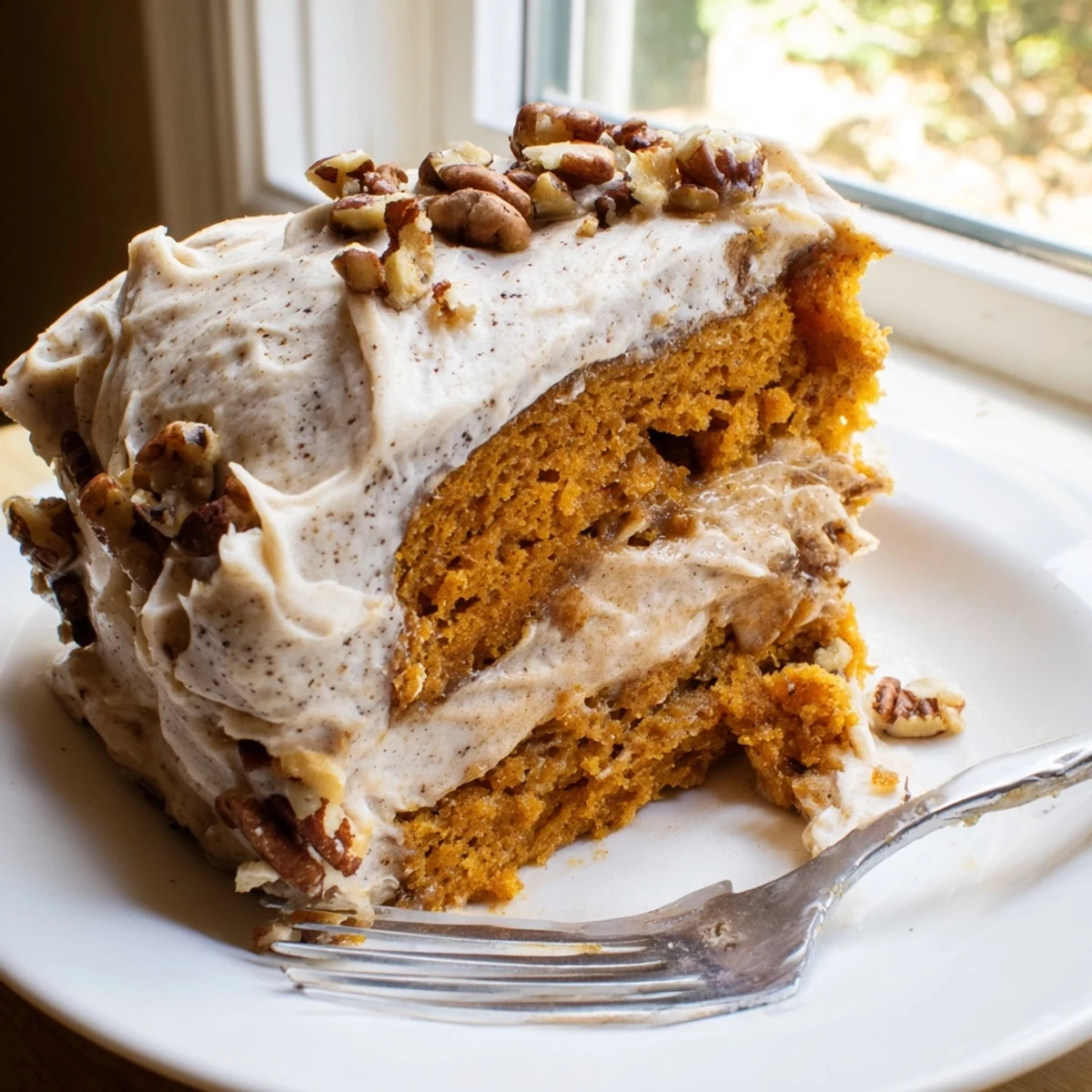 Golden pumpkin pecan cake topped with swirls of spiced cream cheese frosting close-up