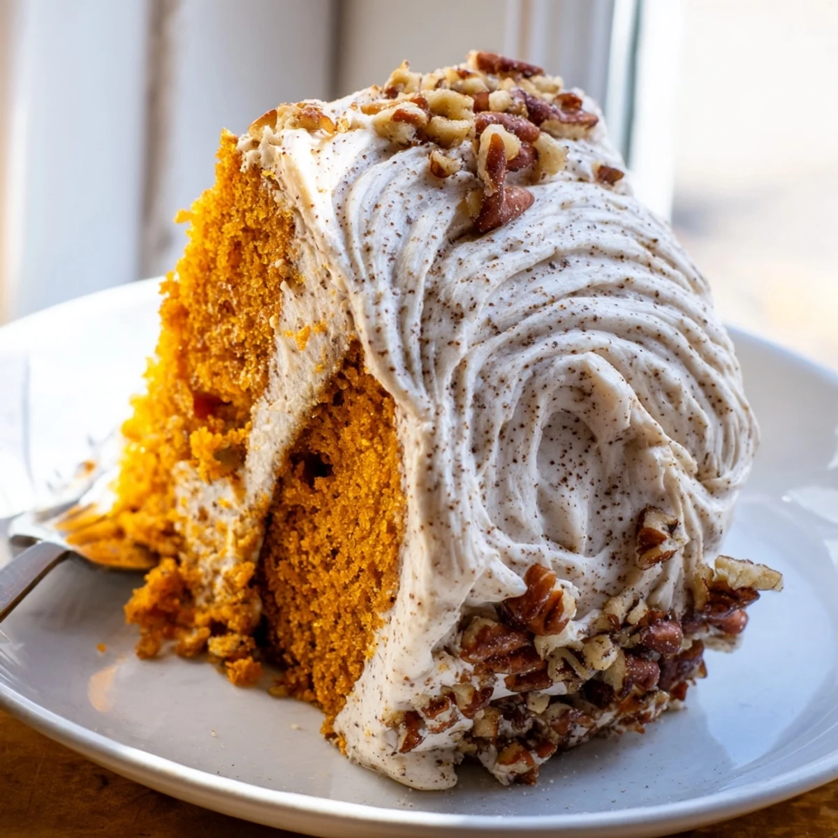 Warm pumpkin pecan cake sliced on a rustic wooden board with creamy cinnamon icing