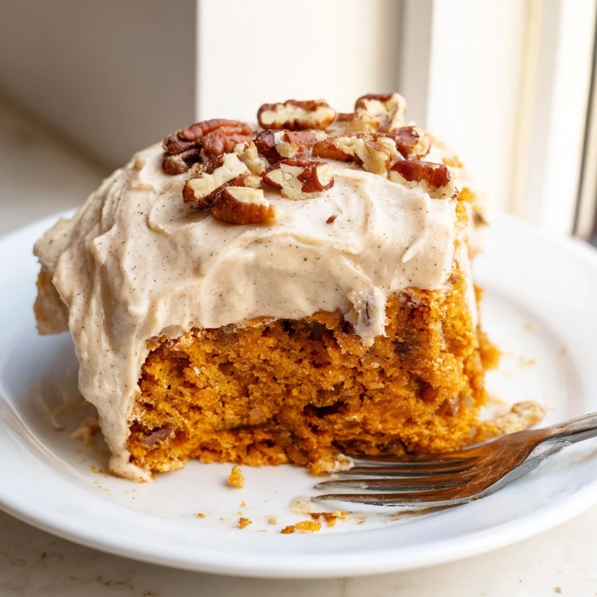 Frosted pumpkin pecan cake garnished with toasted pecan halves on a white serving platter