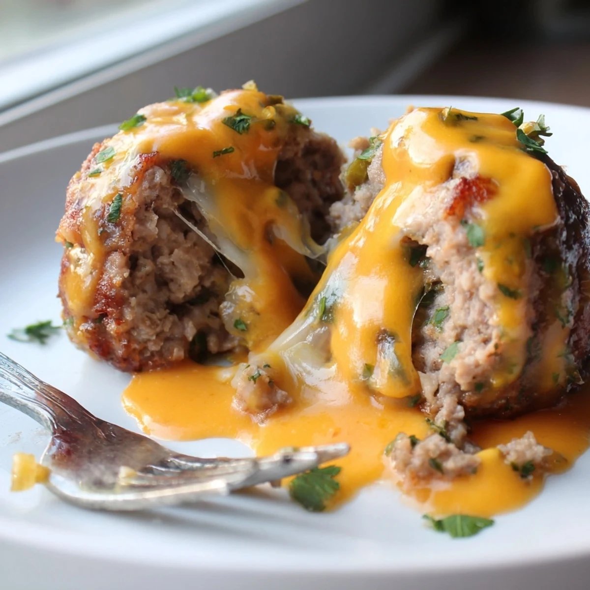 Golden cheese stuffed meatballs dripping with creamy spicy cheese sauce on a rustic plate