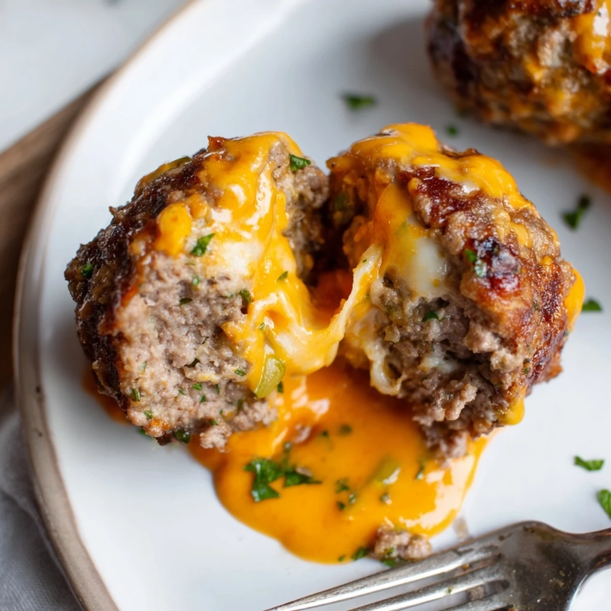 Cheese stuffed meatballs with spicy cheese sauce nestled over a bed of steaming pasta