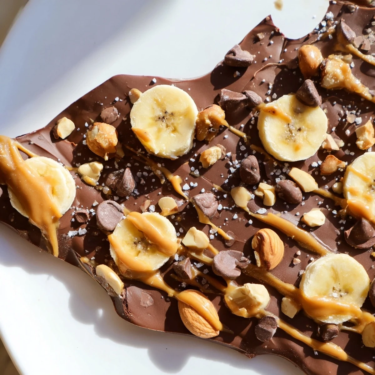 Cracked chocolate banana bark topped with chopped nuts and flaky sea salt