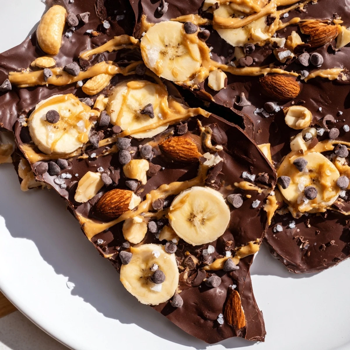 Dark chocolate banana bark studded with mini chips broken into rustic frozen pieces