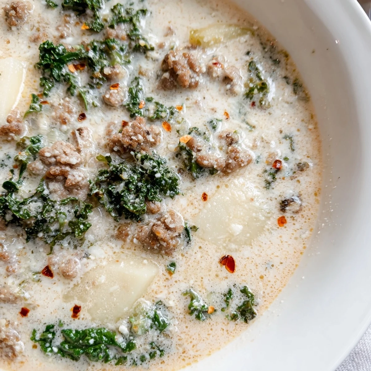 Creamy Zuppa Toscana soup with crumbled sausage, tender potatoes, and wilted fresh kale