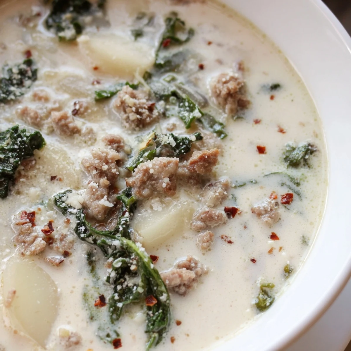 Steaming bowl of Zuppa Toscana soup topped with grated Parmesan and crusty bread
