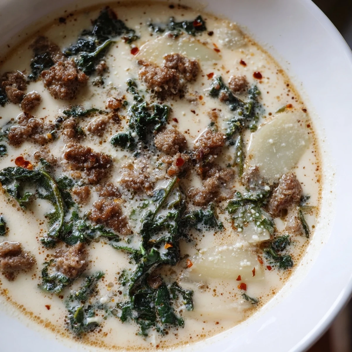 Rich and hearty Zuppa Toscana soup ladled into a rustic bowl with crispy sausage bits