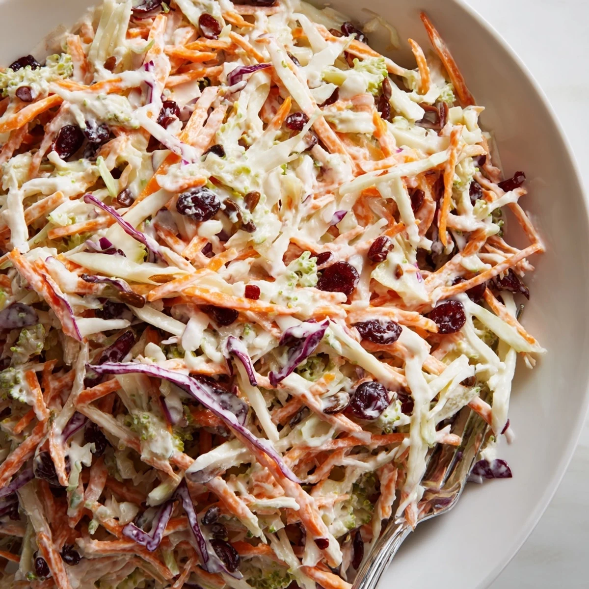 Creamy broccoli slaw with cranberries and sunflower seeds in a tangy dressing