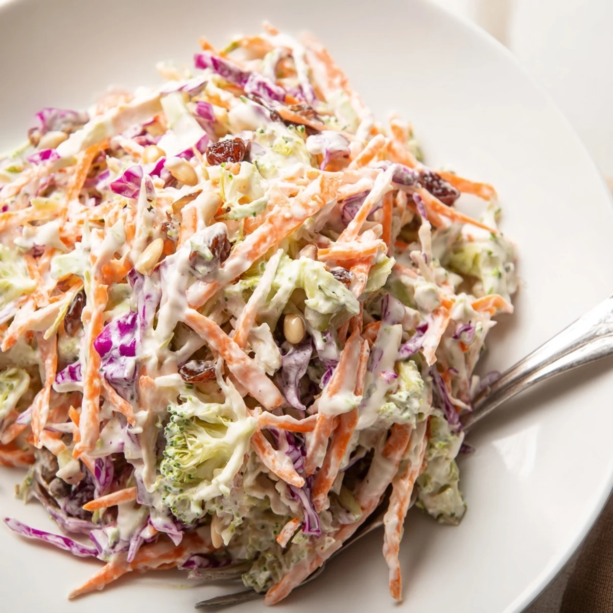 Vibrant broccoli slaw tossed with shredded carrots and crunchy almonds in bowl
