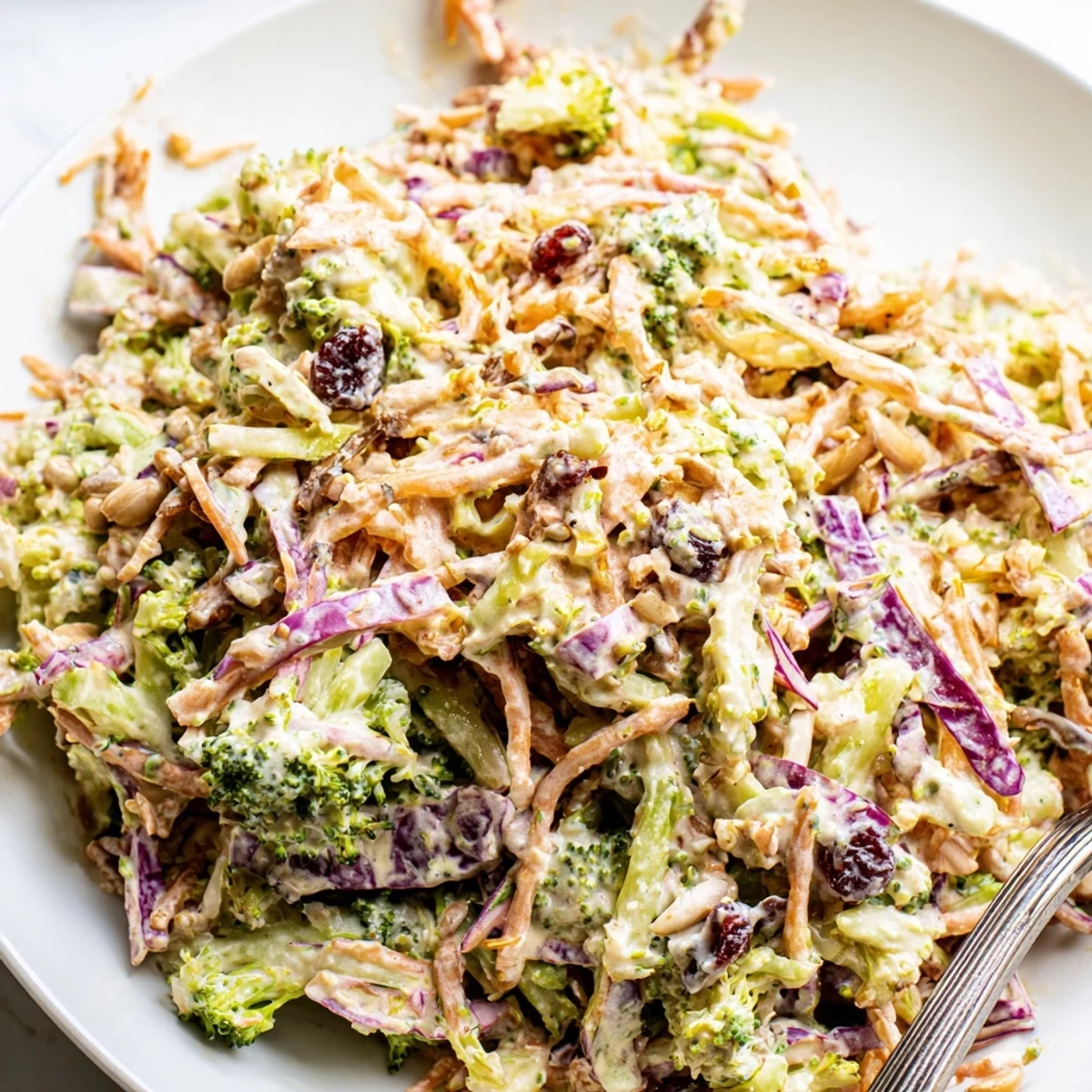 Tangy broccoli slaw topped with dried cranberries served fresh at summer picnic