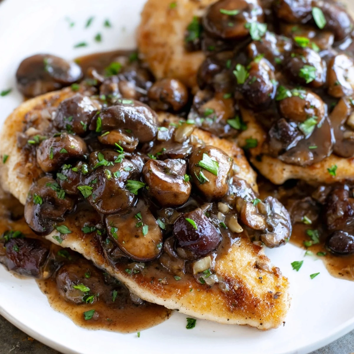 Golden pan-seared dairy free Chicken Marsala smothered in a rich mushroom wine sauce