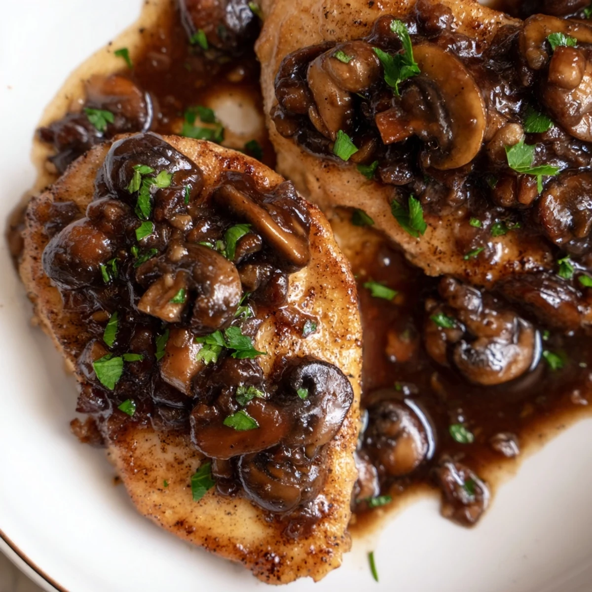Tender breaded dairy free Chicken Marsala resting in a glossy Marsala mushroom pan sauce