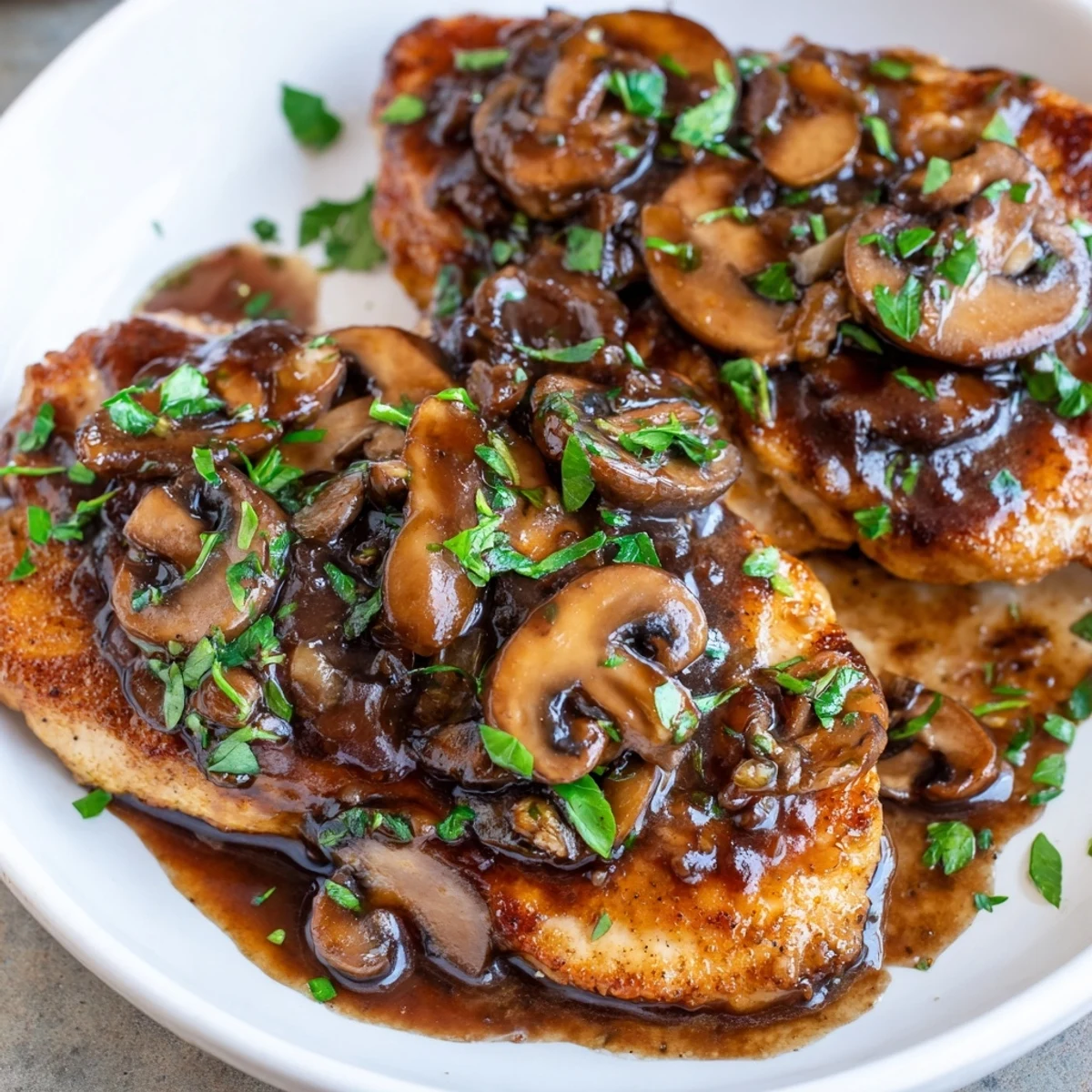 Creamy-style dairy free Chicken Marsala with caramelized mushrooms served fresh from the skillet