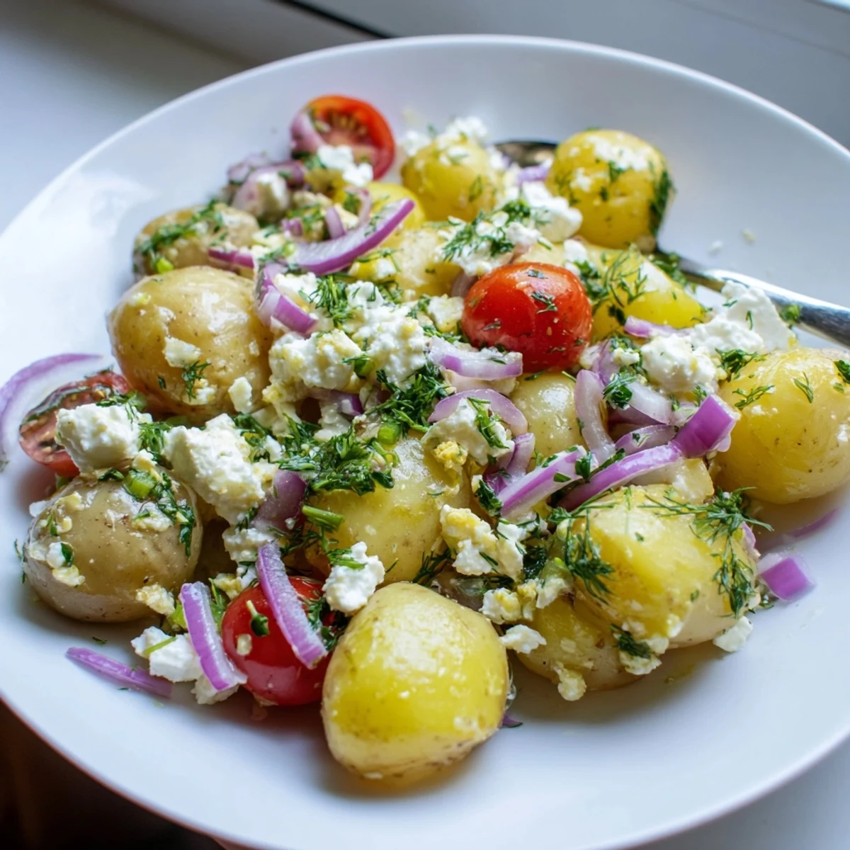 Creamy potato and feta salad topped with fresh herbs and juicy cherry tomatoes