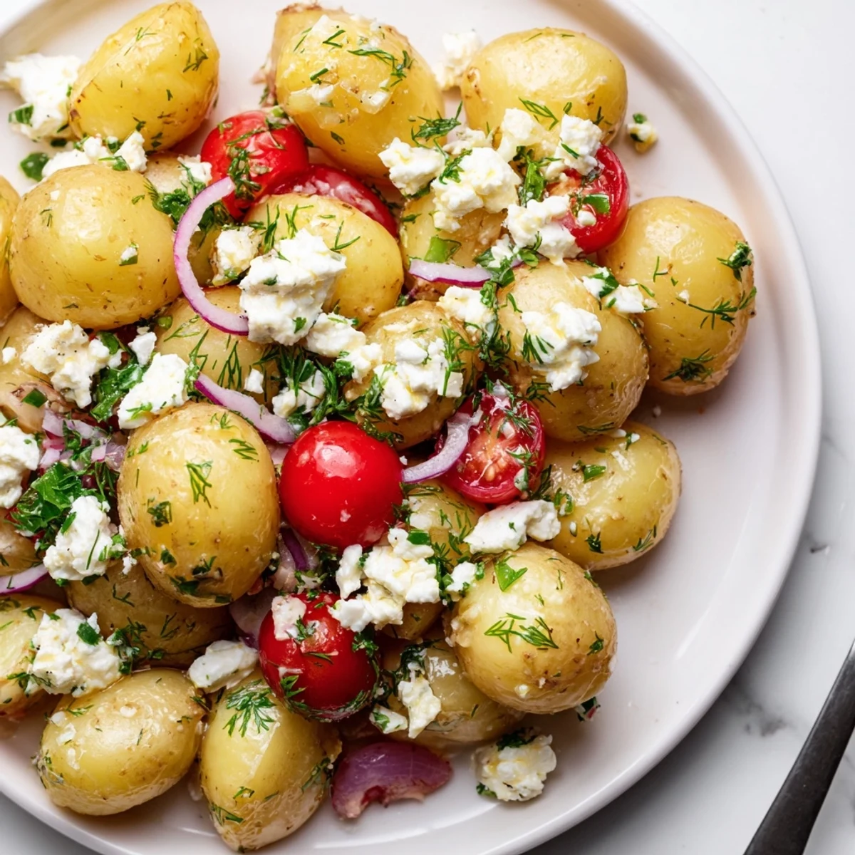 Warm potato and feta salad drizzled with tangy lemon herb dressing in bowl