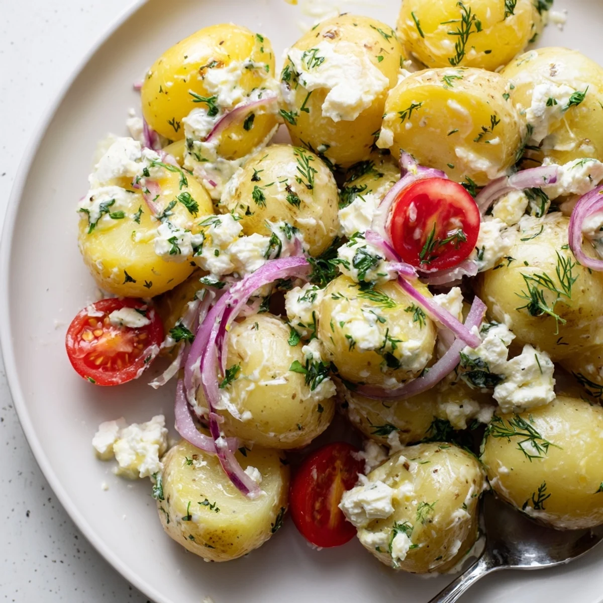 Golden tender potatoes crumbled feta and bright herbs in this Mediterranean potato and feta salad