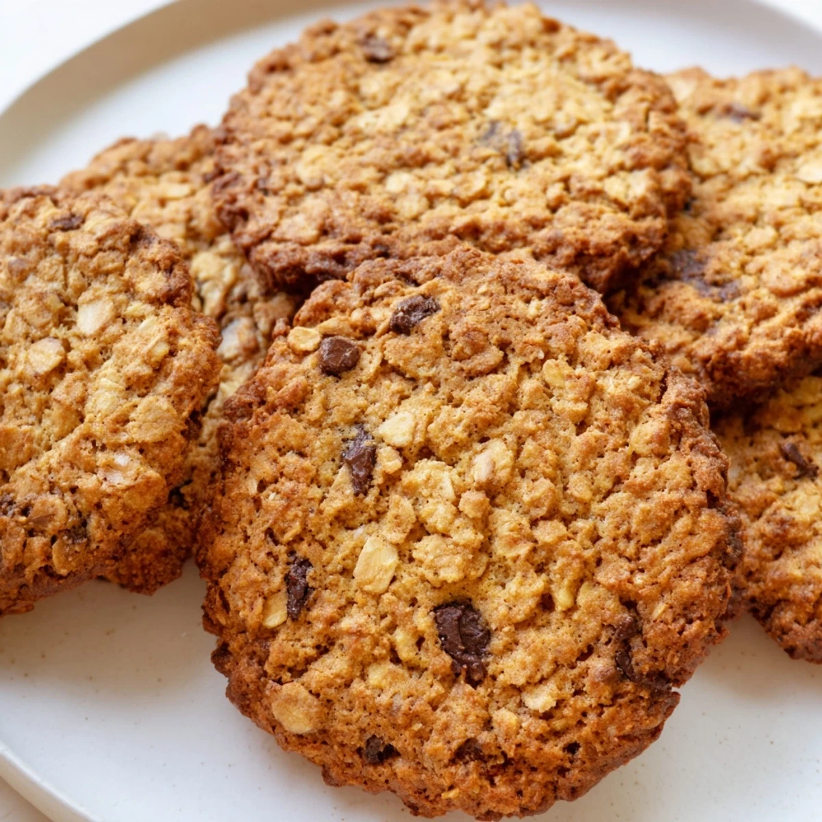 Chewy Banana Oatmeal Cookies stacked on a plate beside a glass of milk