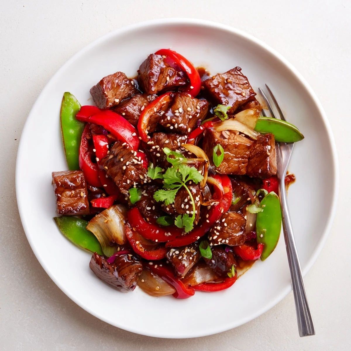 Tender Asian inspired cube steak glazed in soy ginger sauce with crisp stir-fried vegetables