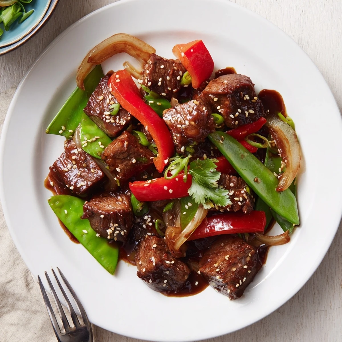 Pan-seared Asian inspired cube steak topped with sesame seeds and colorful bell pepper strips