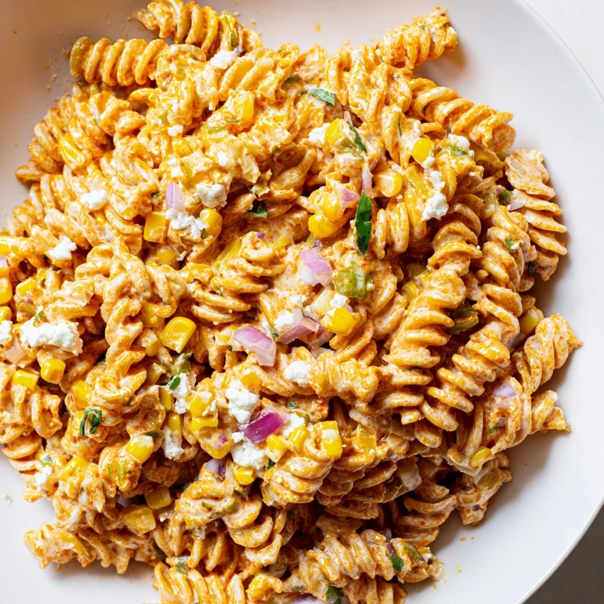 Colorful elote pasta salad loaded with sweet corn and tangy lime dressing