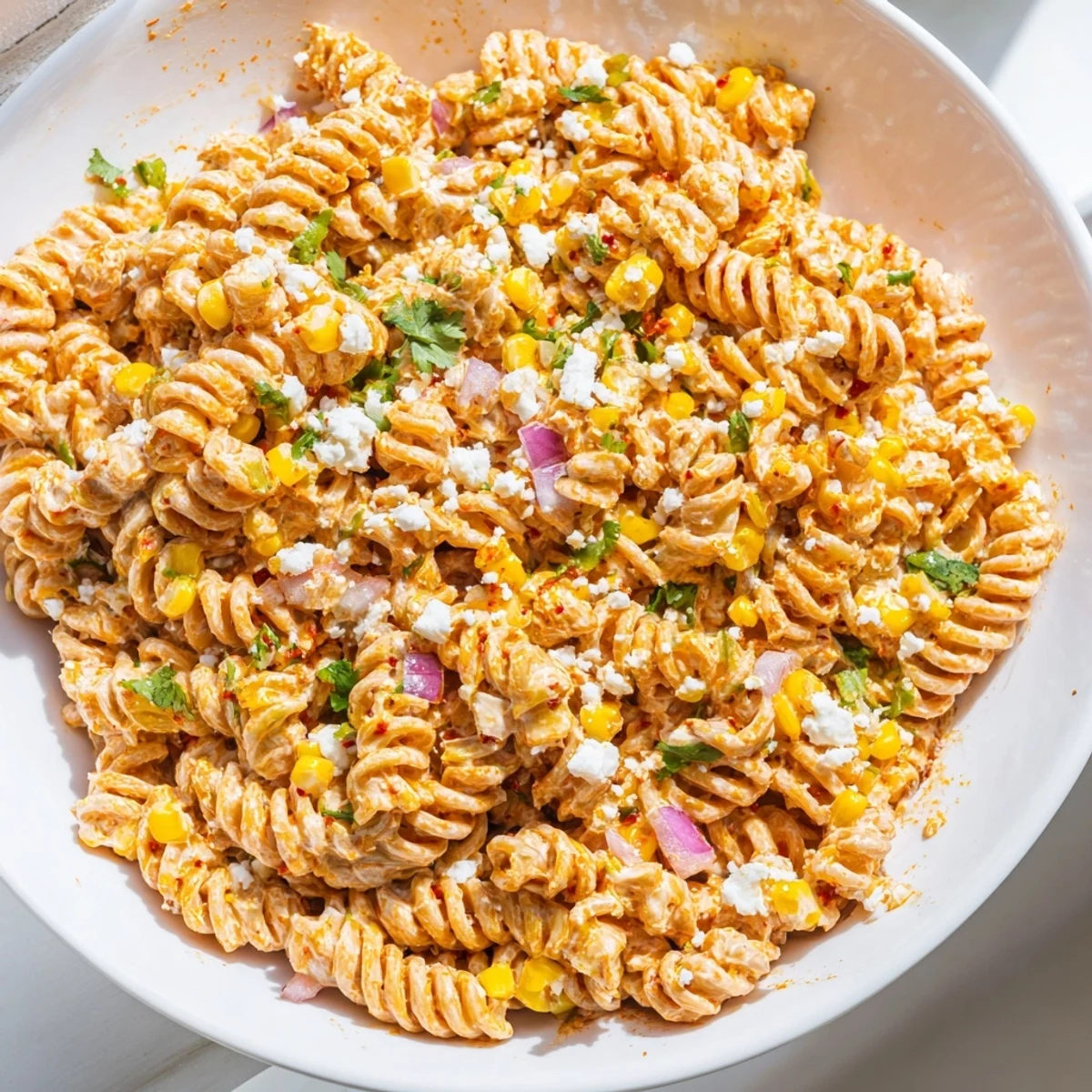 Creamy elote pasta salad topped with crumbled cotija cheese and fresh cilantro