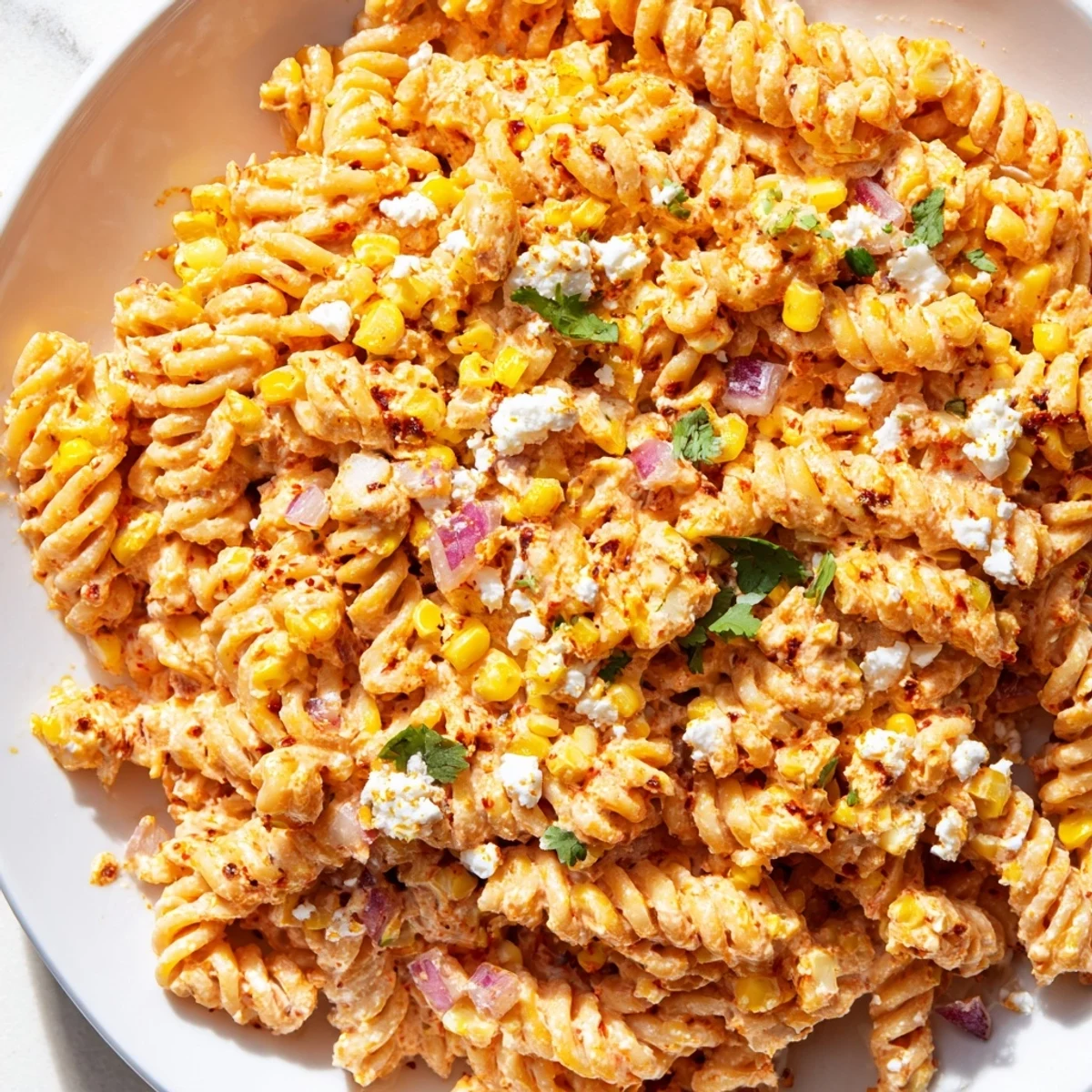 Smoky elote pasta salad served in a bowl with charred corn and garnishes