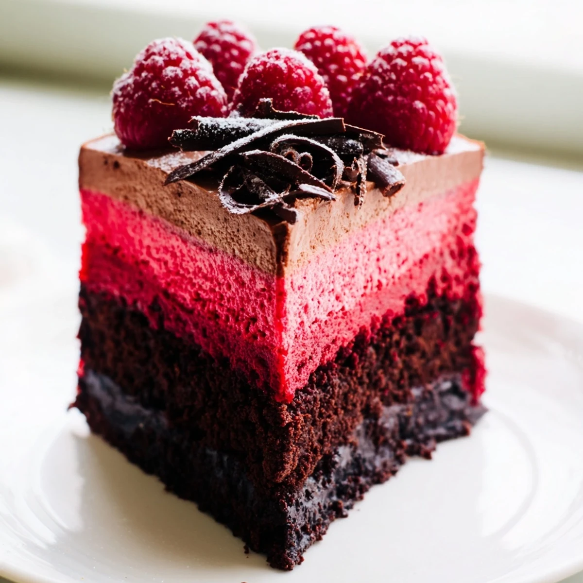 Heavenly Raspberry Chocolate Mousse Cake topped with fresh berries and chocolate curls