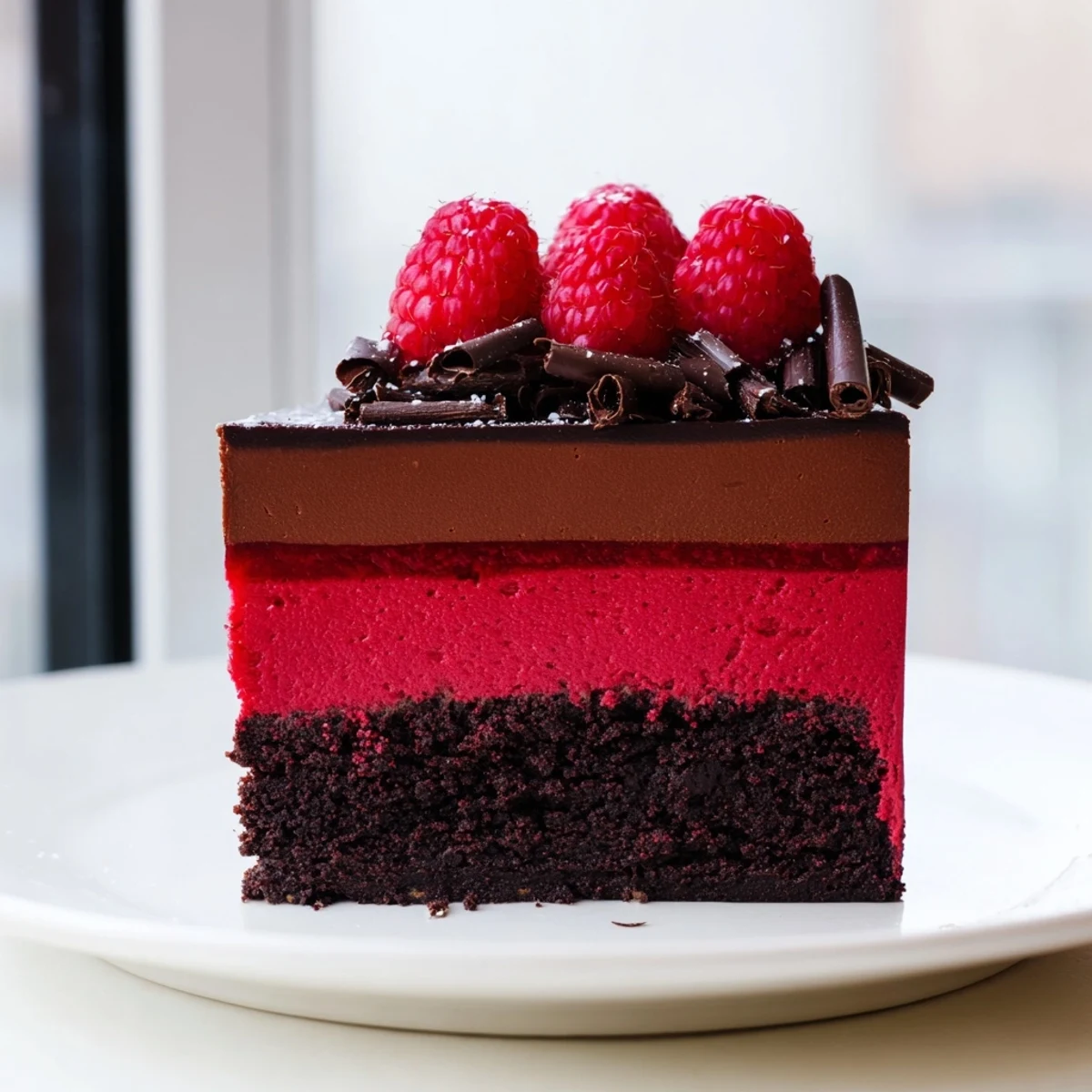 Silky slices of Heavenly Raspberry Chocolate Mousse Cake on a dessert plate