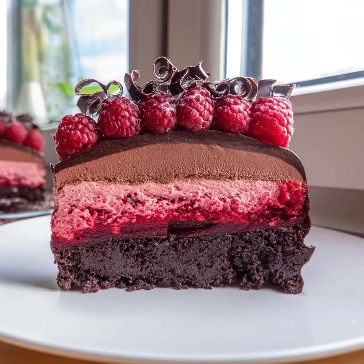Heavenly Raspberry Chocolate Mousse Cake with glossy raspberry filling and dark chocolate shavings