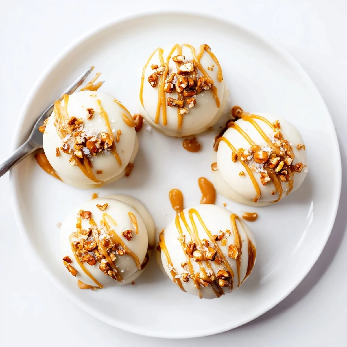 Creamy salted caramel pretzel cheesecake balls drizzled with golden caramel on a rustic tray