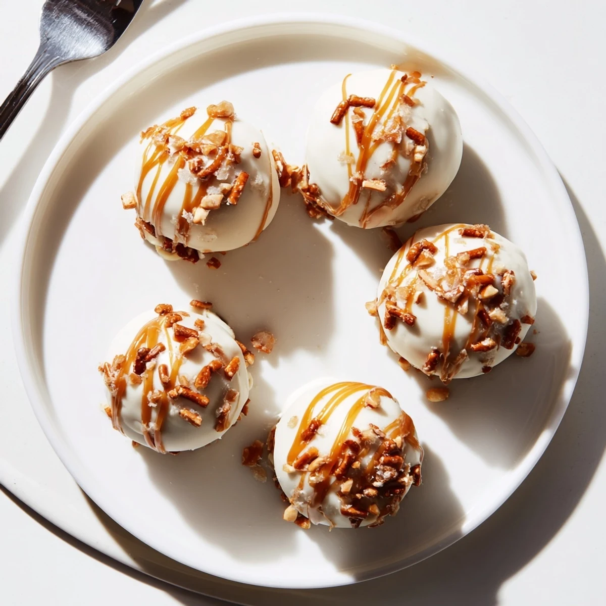 Bite-sized salted caramel pretzel cheesecake balls coated in white chocolate with a caramel drizzle