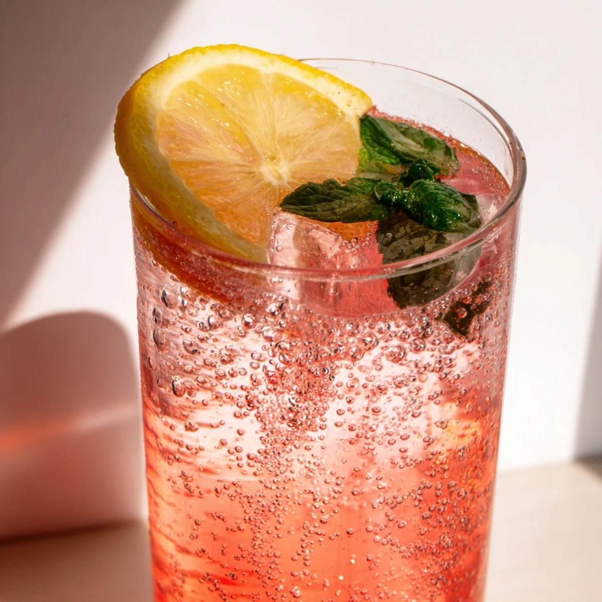 Tall glass of honey lemon pink soda garnished with fresh mint and ice