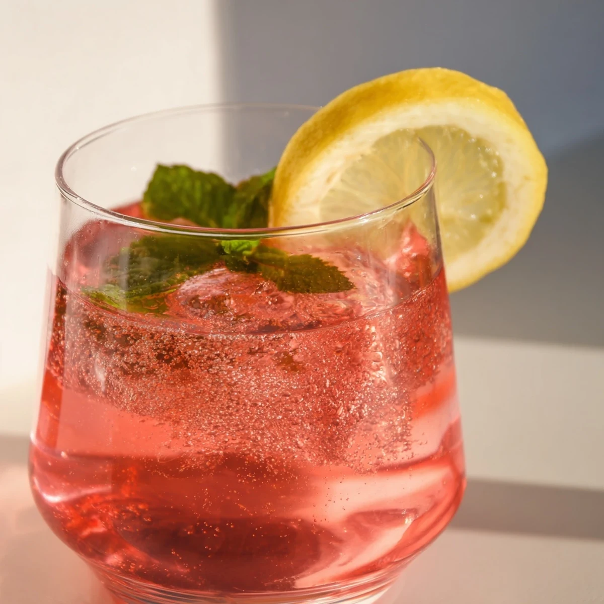 Sparkling honey lemon pink soda poured over ice with bright lemon slices