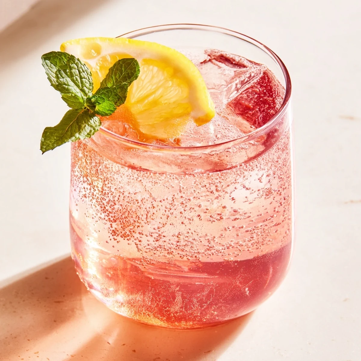Refreshing honey lemon pink soda in a frosted glass with raspberry accents and mint
